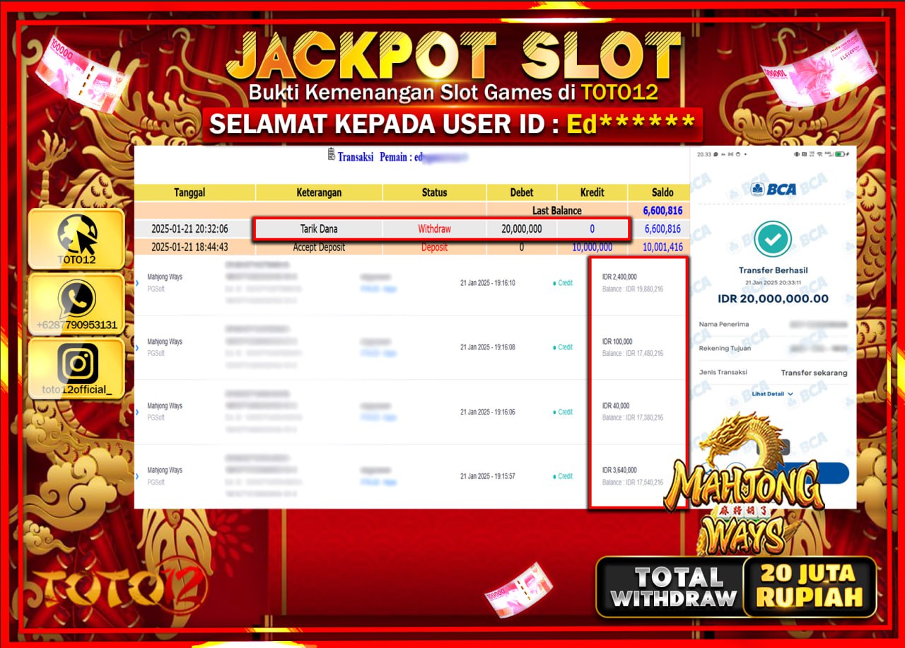 HANYA DI TOTO12 JP PASTI DI BAYAR LUNAS DAN CEPAT!!!!!! JACKPOT SLOT GAME (MAHJONG WAYS) Rp.20.000.000 !!!!