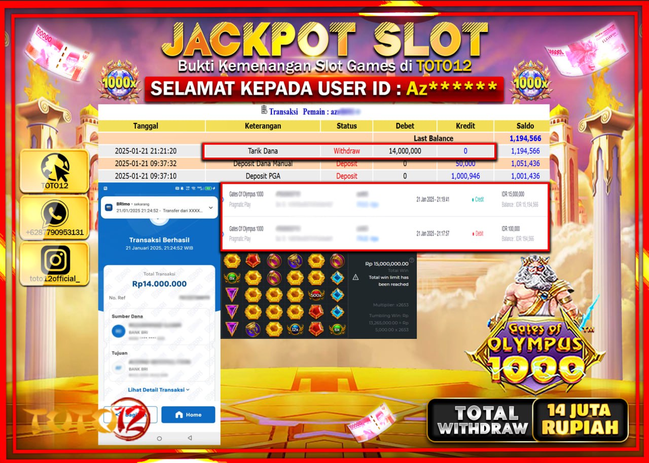 HANYA DI TOTO12 JP PASTI DI BAYAR LUNAS DAN CEPAT!!!!!! JACKPOT SLOT GAME (GATES OF OLYMPUS 1000) Rp.14.000.000 !!!!