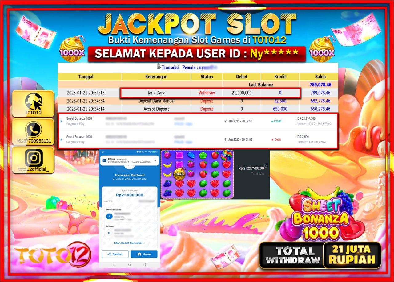 HANYA DI TOTO12 JP PASTI DI BAYAR LUNAS DAN CEPAT!!!!!! JACKPOT SLOT GAME (SWEET BONANZA 1000) Rp.21.000.000 !!!!