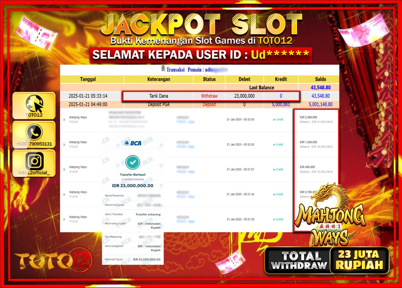 HANYA DI TOTO12 JP PASTI DI BAYAR LUNAS DAN CEPAT!!!!!! JACKPOT SLOT GAME (MAHJONG WAYS) Rp.23.000.000 !!!!