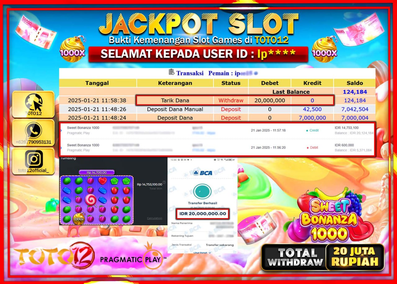 HANYA DI TOTO12 JP PASTI DI BAYAR LUNAS DAN CEPAT!!!!!! JACKPOT SLOT GAME (SWEET BONANZA 1000) Rp.20.000.000 !!!!