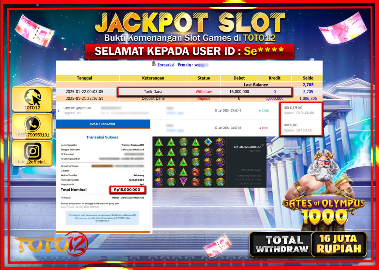 HANYA DI TOTO12 JP PASTI DI BAYAR LUNAS DAN CEPAT!!!!!! JACKPOT SLOT GAME (GATES OF OLYMPUS 1000) Rp.16.000.000 !!!!