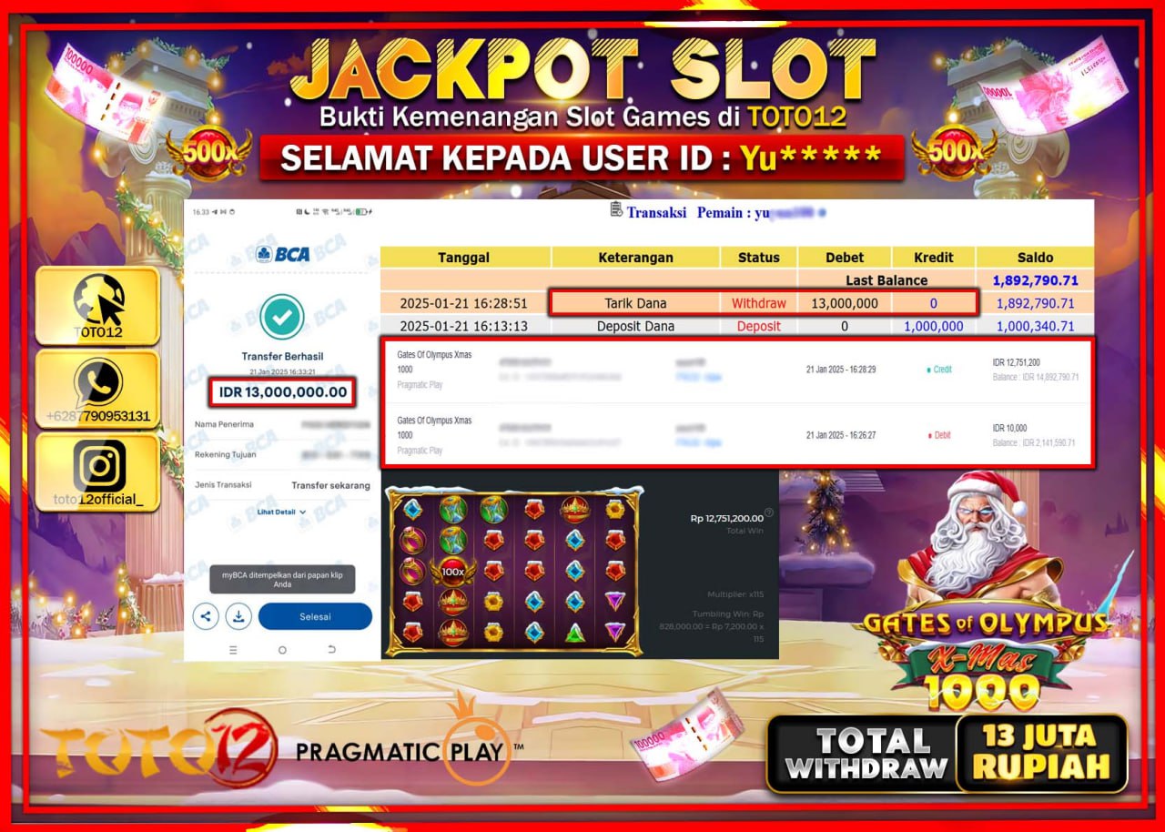 HANYA DI TOTO12 JP PASTI DI BAYAR LUNAS DAN CEPAT!!!!!! JACKPOT SLOT GAME (GATES OF OLYMPUS XMAS 1000) Rp.13.000.000 !!!!