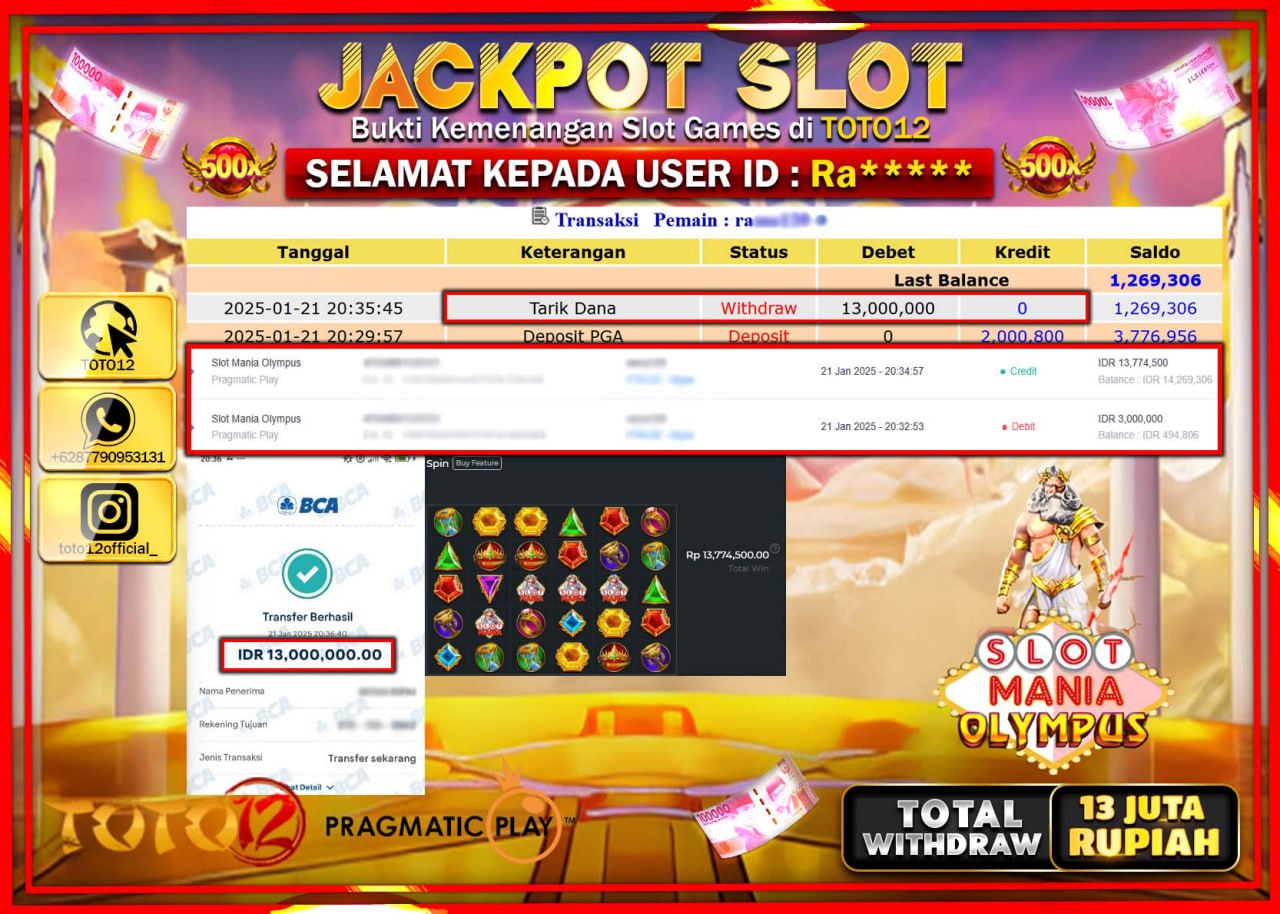 HANYA DI TOTO12 JP PASTI DI BAYAR LUNAS DAN CEPAT!!!!!! JACKPOT SLOT GAME (SLOT MANIA OLYMPUS) Rp.13.000.000 !!!!