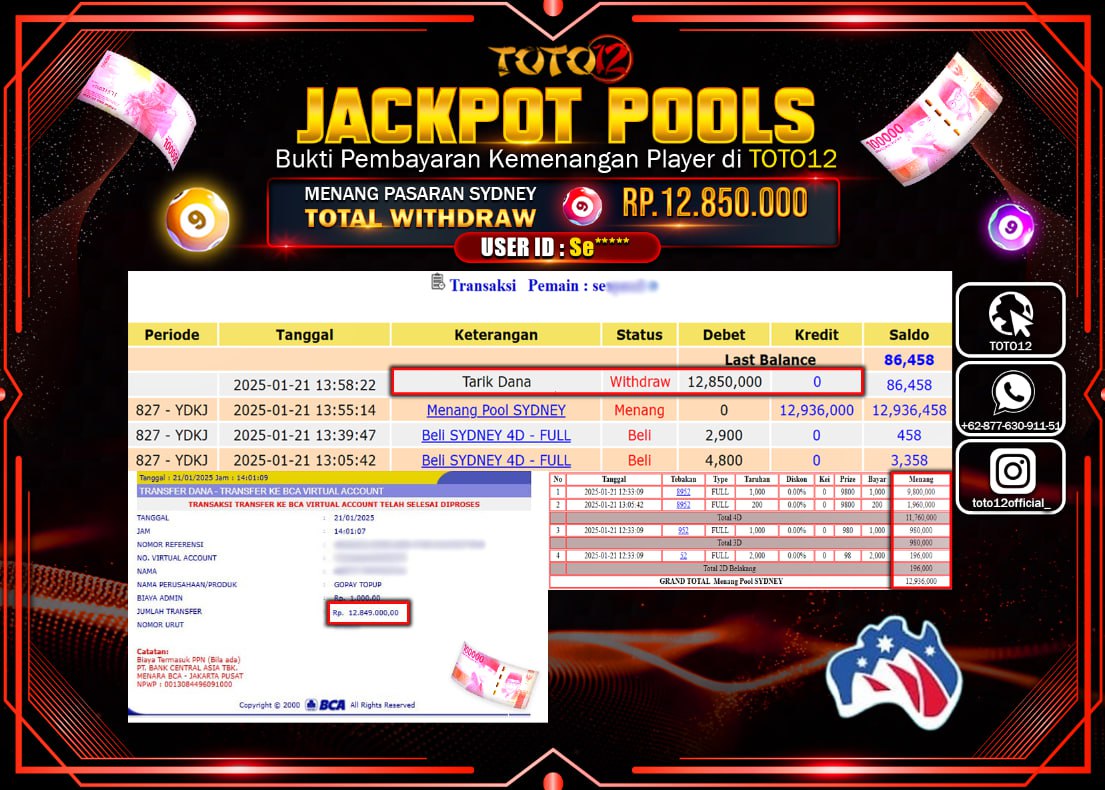 HANYA DI TOTO12 JP PASTI DI BAYAR LUNAS DAN CEPAT!!!!!! JACKPOT POOLS PASARAN (SYDNEY) Rp.12.850.000 !!!!