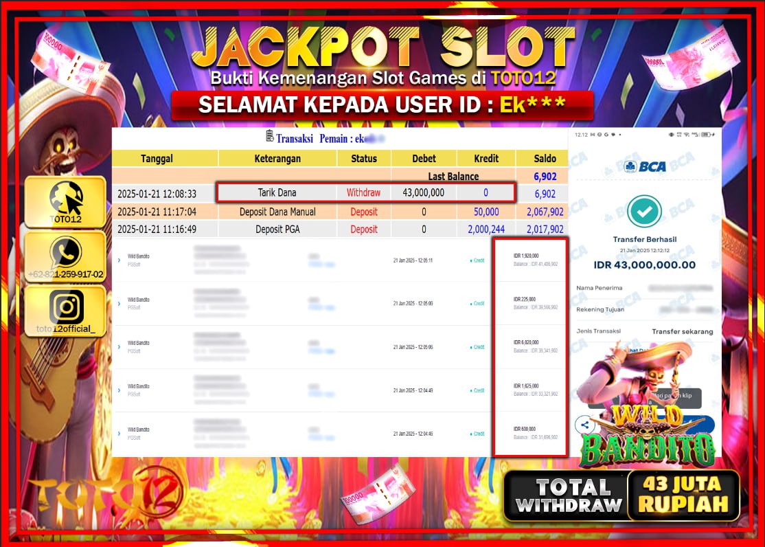 HANYA DI TOTO12 JP PASTI DI BAYAR LUNAS DAN CEPAT!!!!!! JACKPOT SLOT GAME (WILD BANDITO) Rp.43.000.000 !!!!