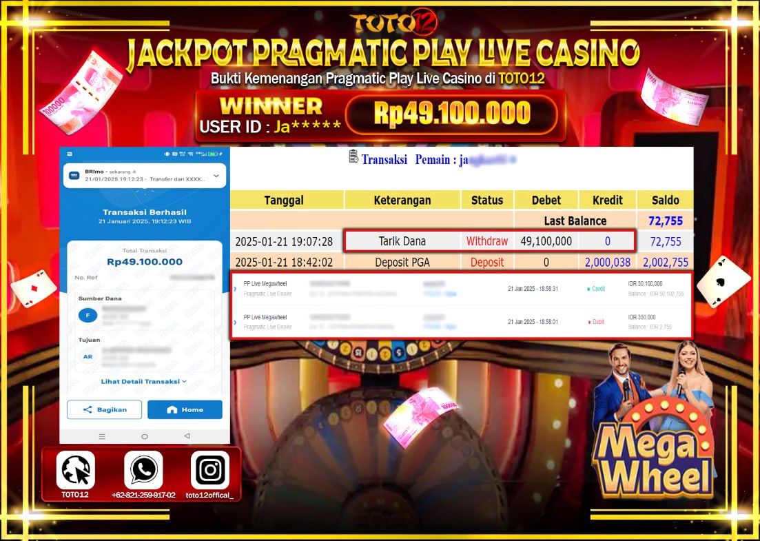 HANYA DI TOTO12 JP PASTI DI BAYAR LUNAS DAN CEPAT!!!!!! JACKPOT PRAGMATIC PLAY LIVE CASINO (MEGA WHEEL) Rp.49.100.000 !!!!