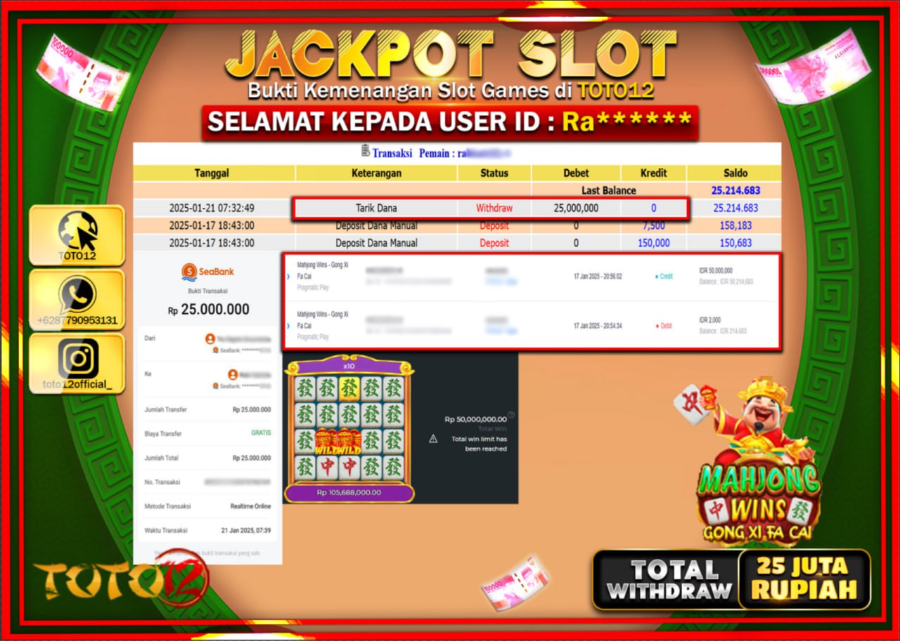 HANYA DI TOTO12 JP PASTI DI BAYAR LUNAS DAN CEPAT!!!!!! JACKPOT SLOT GAME (MAHJONG WINS GONG XI FA CAI) Rp.25.000.000 !!!!
