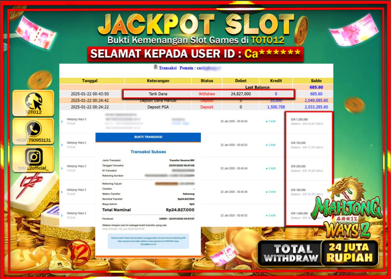HANYA DI TOTO12 JP PASTI DI BAYAR LUNAS DAN CEPAT!!!!!! JACKPOT SLOT GAME (MAHJONG WAYS 2) Rp.24.000.000 !!!!