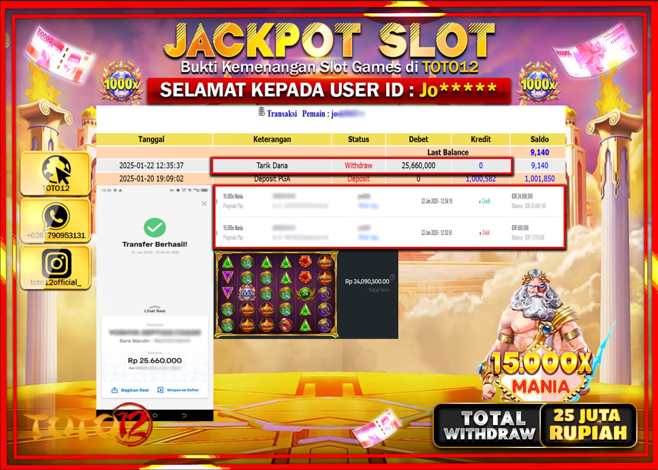 HANYA DI TOTO12 JP PASTI DI BAYAR LUNAS DAN CEPAT!!!!!! JACKPOT SLOT GAME (15.000 MANIA) Rp.25.000.000 !!!!