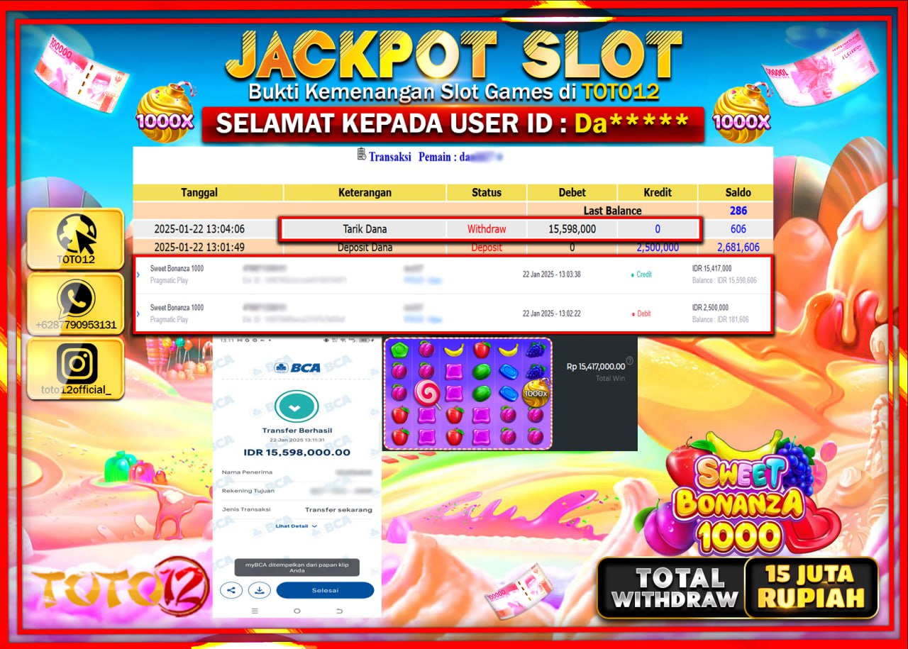 HANYA DI TOTO12 JP PASTI DI BAYAR LUNAS DAN CEPAT!!!!!! JACKPOT SLOT GAME (SWEET BONANZA 1000) Rp.15.000.000 !!!!