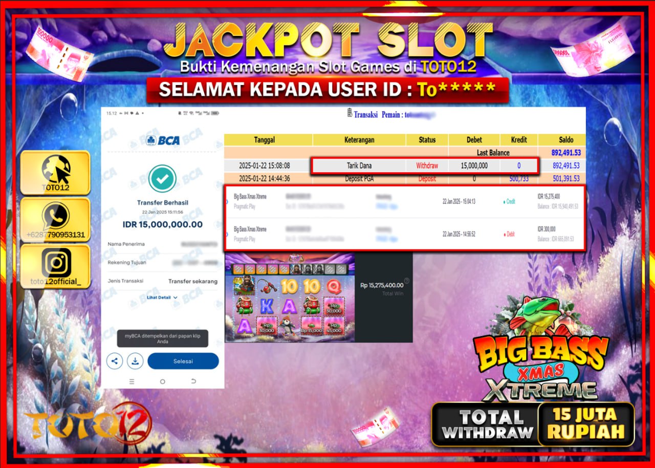 HANYA DI TOTO12 JP PASTI DI BAYAR LUNAS DAN CEPAT!!!!!! JACKPOT SLOT GAME (BIG BASS XMAS XTREME) Rp.15.000.000 !!!!