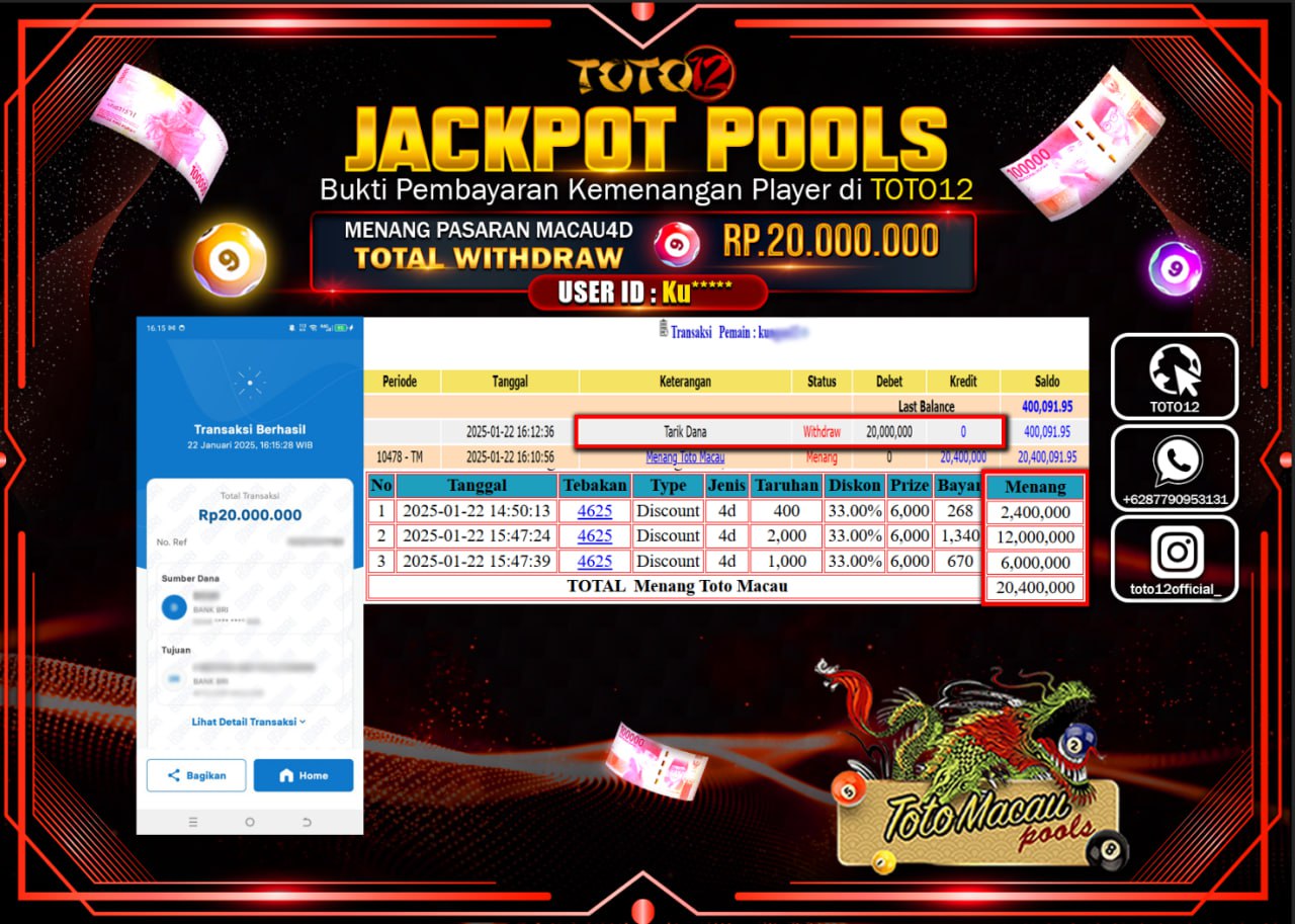HANYA DI TOTO12 JP PASTI DI BAYAR LUNAS DAN CEPAT!!!!!! JACKPOT POOLS PASARAN (TOTO MACAU) Rp.20.000.000 !!!!