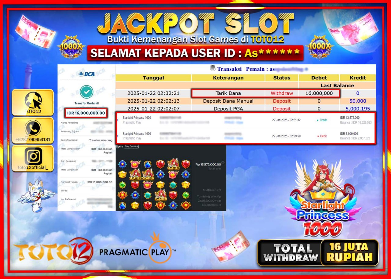 HANYA DI TOTO12 JP PASTI DI BAYAR LUNAS DAN CEPAT!!!!!! JACKPOT SLOT GAME (STARLIGHT PRINCESS 1000) Rp.16.000.000 !!!!