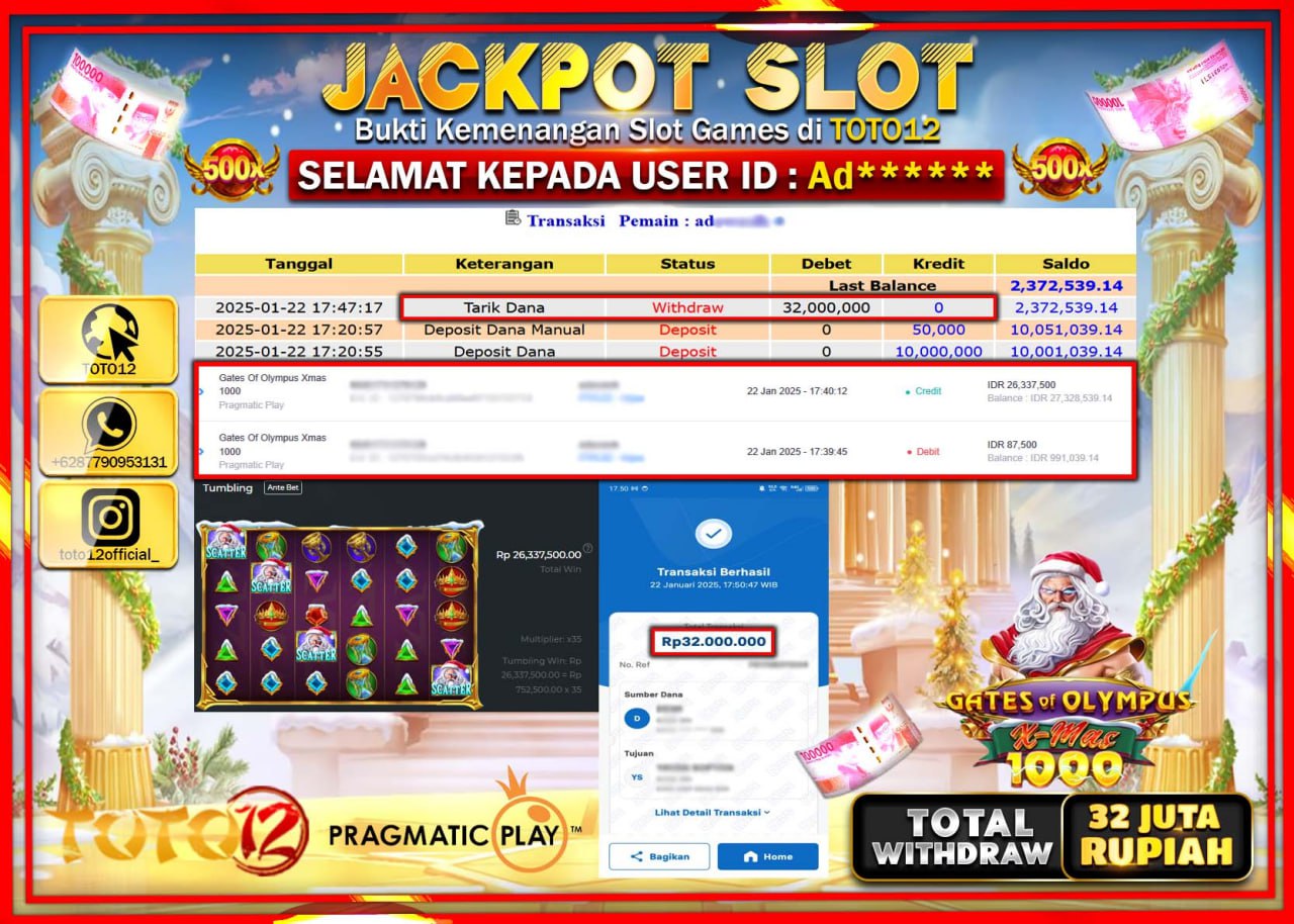 HANYA DI TOTO12 JP PASTI DI BAYAR LUNAS DAN CEPAT!!!!!! JACKPOT SLOT GAME (GATES OF OLYMPUS XMAS 1000) Rp.32.000.000 !!!!