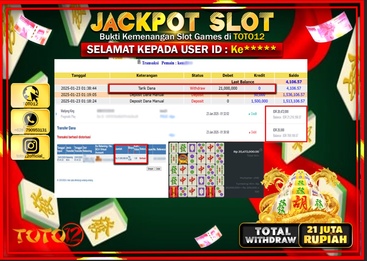 HANYA DI TOTO12 JP PASTI DI BAYAR LUNAS DAN CEPAT!!!!!! JACKPOT SLOT GAME (MAHJONG KING) Rp.21.000.000 !!!!