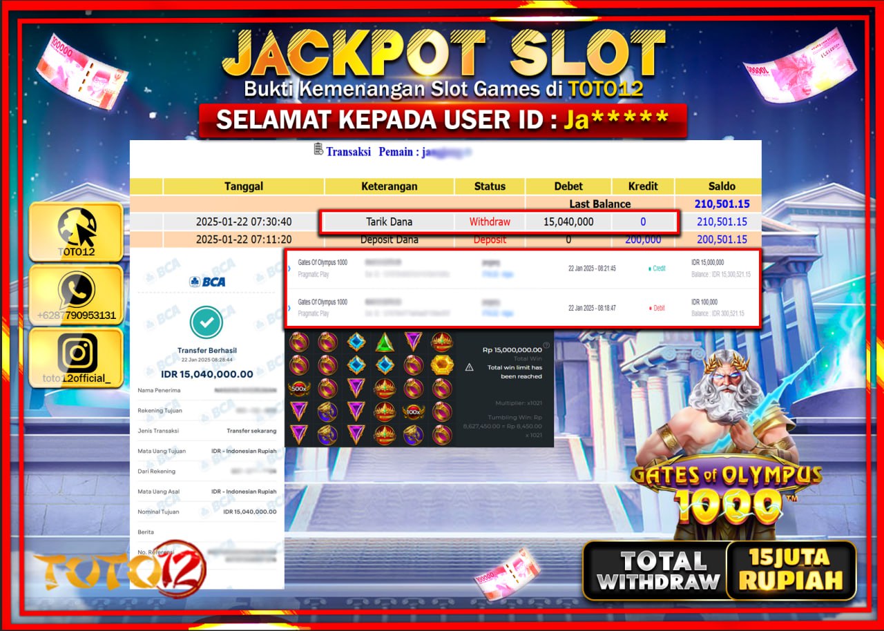 HANYA DI TOTO12 JP PASTI DI BAYAR LUNAS DAN CEPAT!!!!!! JACKPOT SLOT GAME (GATES OF OLYMPUS 1000) Rp.15.000.000 !!!!