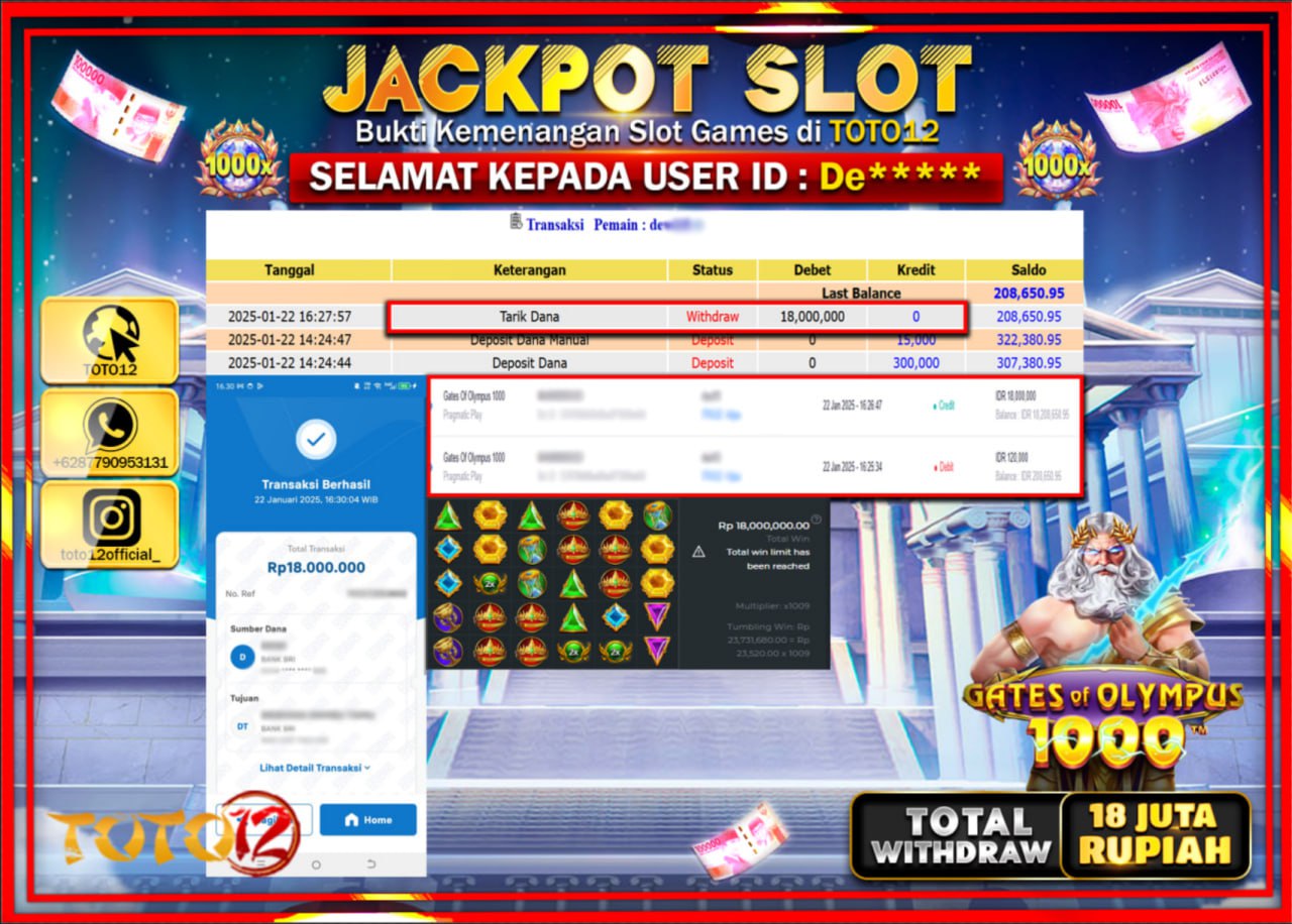 HANYA DI TOTO12 JP PASTI DI BAYAR LUNAS DAN CEPAT!!!!!! JACKPOT SLOT GAME (GATES OF OLYMPUS 1000) Rp.18.000.000 !!!!