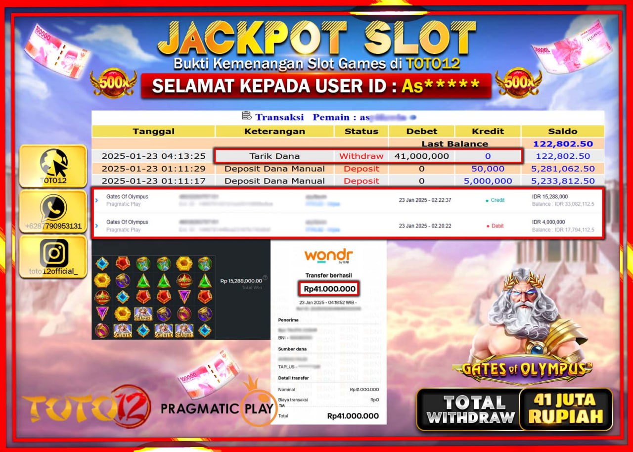 HANYA DI TOTO12 JP PASTI DI BAYAR LUNAS DAN CEPAT!!!!!! JACKPOT SLOT GAME (GATES OF OLYMPUS 1000) Rp.41.000.000 !!!!