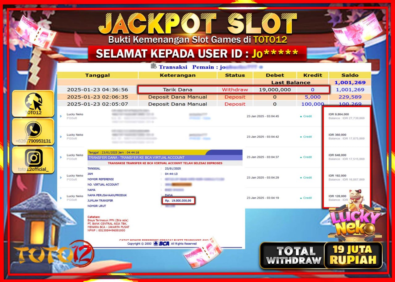 HANYA DI TOTO12 JP PASTI DI BAYAR LUNAS DAN CEPAT!!!!!! JACKPOT SLOT GAME (LUCKY NEKO) Rp.19.000.000 !!!!