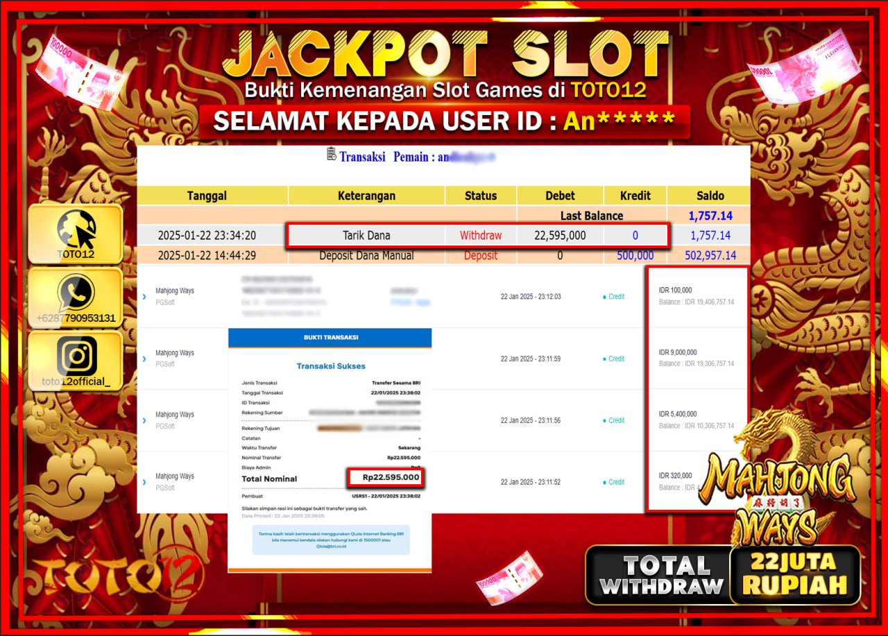 HANYA DI TOTO12 JP PASTI DI BAYAR LUNAS DAN CEPAT!!!!!! JACKPOT SLOT GAME (MAHJONG WAYS) Rp.22.000.000 !!!!