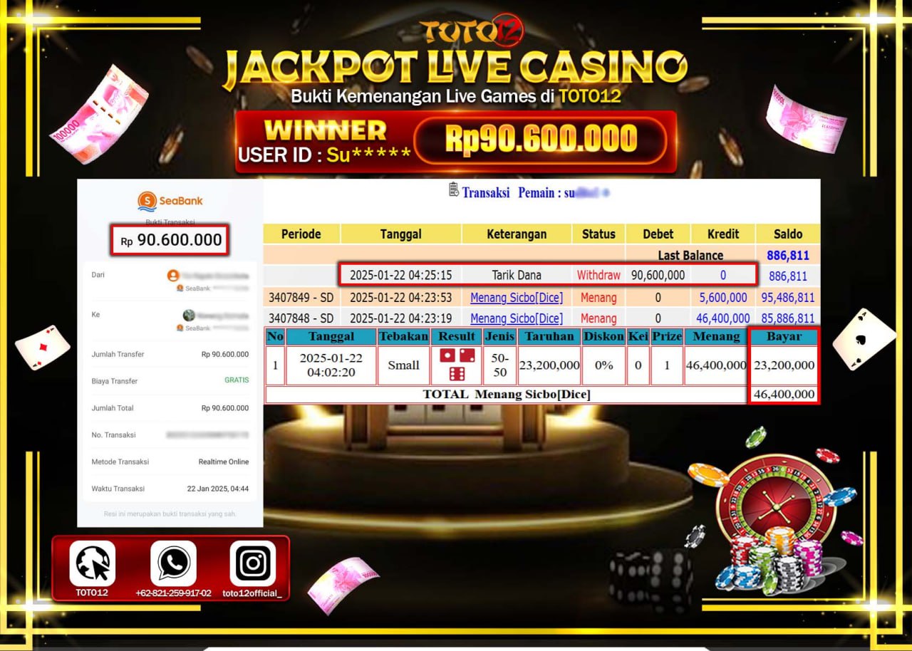 HANYA DI TOTO12 JP PASTI DI BAYAR LUNAS DAN CEPAT!!!!!! JACKPOT LIVE GAMES CASINO (SICBO DICE) Rp.90.600.000 !!!!