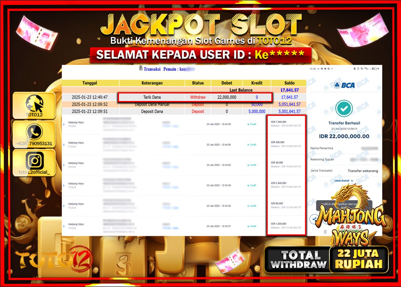 HANYA DI TOTO12 JP PASTI DI BAYAR LUNAS DAN CEPAT!!!!!! JACKPOT SLOT GAME (MAHJONG WAYS) Rp.22.000.000 !!!!