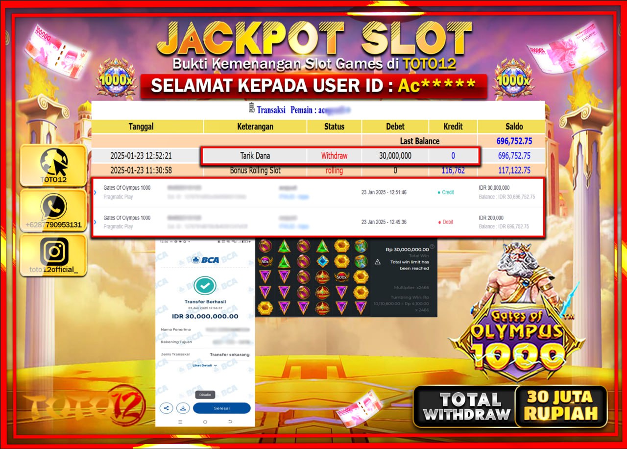 HANYA DI TOTO12 JP PASTI DI BAYAR LUNAS DAN CEPAT!!!!!! JACKPOT SLOT GAME (GATES OF OLYMPUS 1000) Rp.30.000.000 !!!!