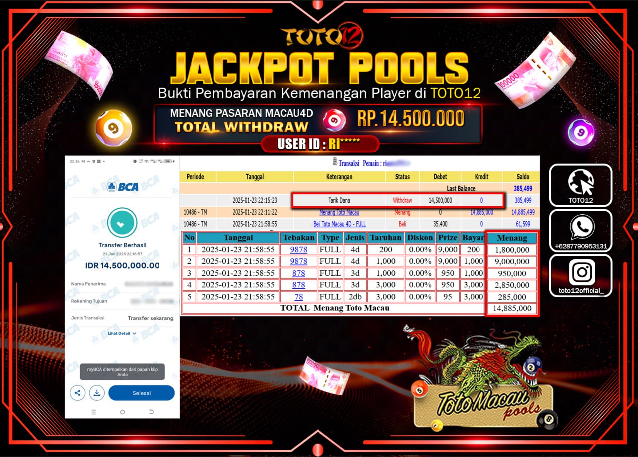 HANYA DI TOTO12 JP PASTI DI BAYAR LUNAS DAN CEPAT!!!!!! JACKPOT POOLS PASARAN (TOTO MACAU) Rp.14.500.000 !!!!