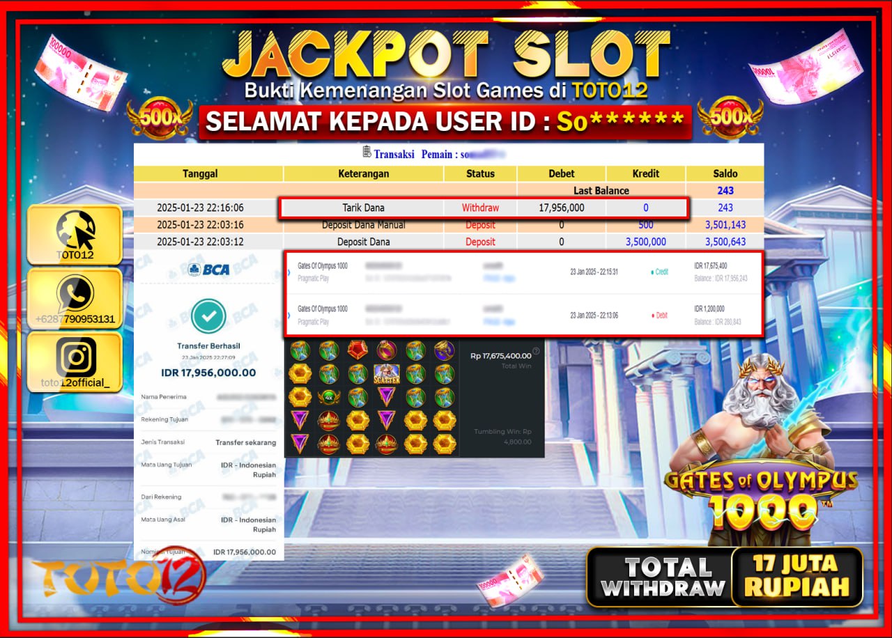 HANYA DI TOTO12 JP PASTI DI BAYAR LUNAS DAN CEPAT!!!!!! JACKPOT SLOT GAME (GATES OF OLYMPUS 1000) Rp.17.000.000 !!!!