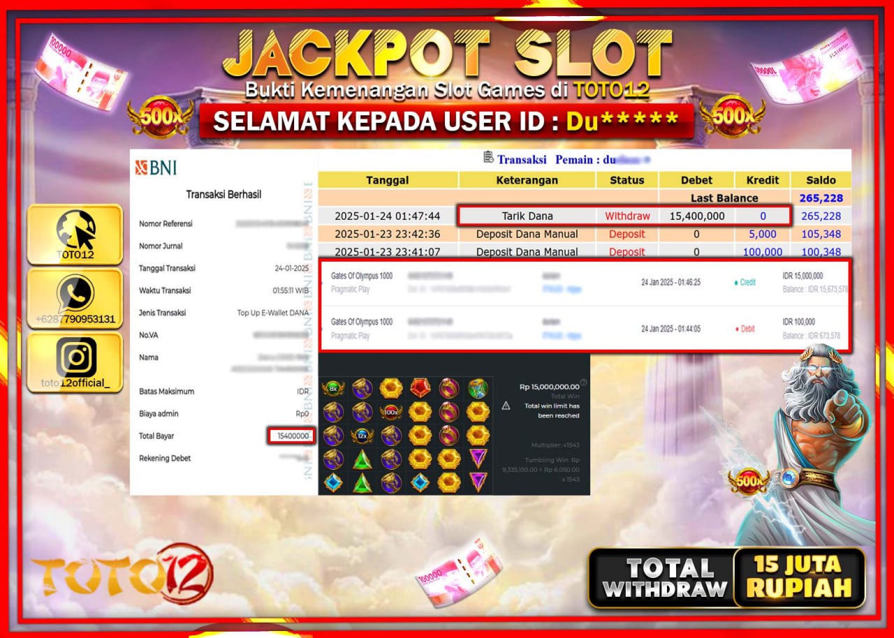 HANYA DI TOTO12 JP PASTI DI BAYAR LUNAS DAN CEPAT!!!!!! JACKPOT SLOT GAME (GATES OF OLYMPUS 1000) Rp.15.000.000 !!!!