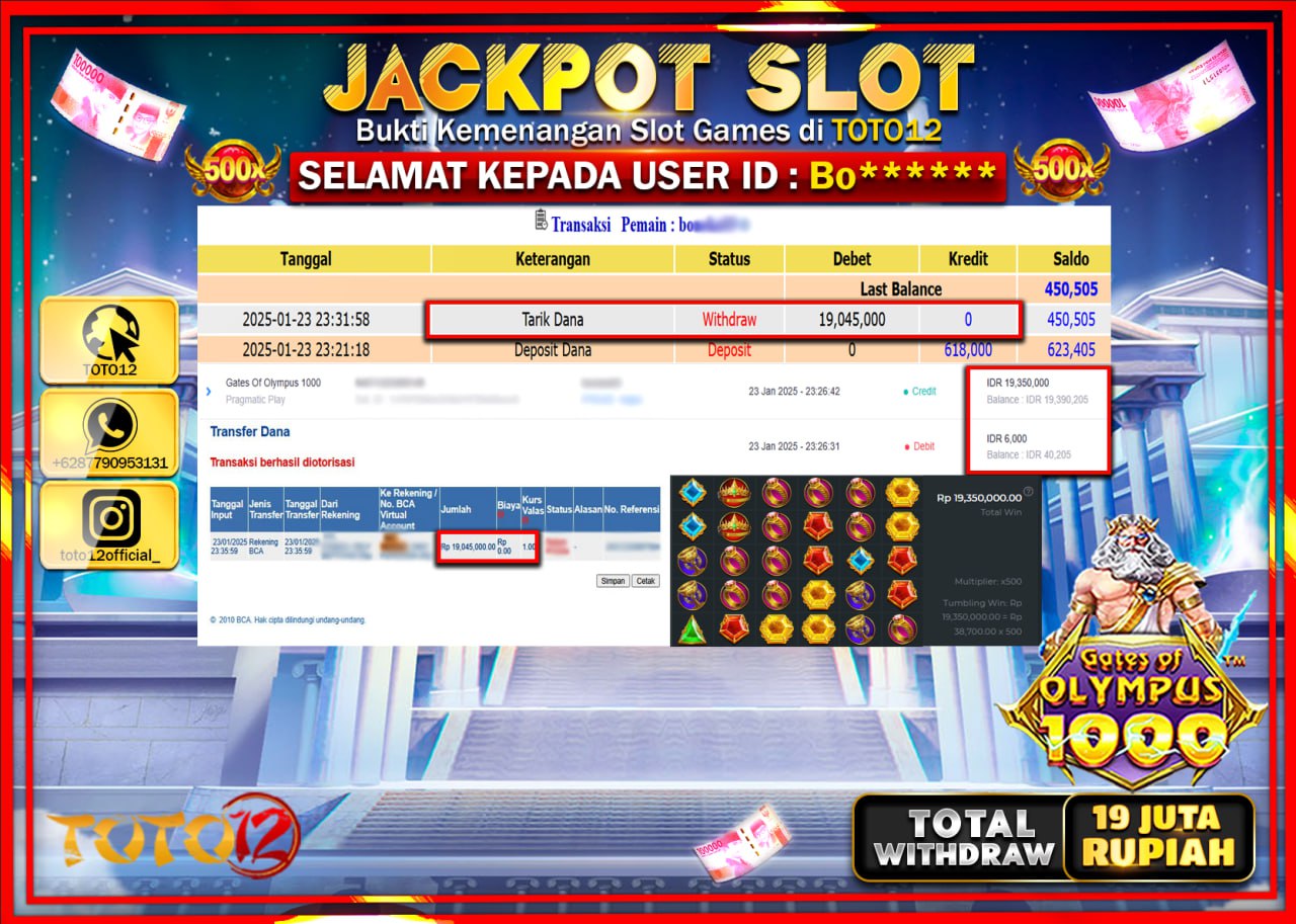 HANYA DI TOTO12 JP PASTI DI BAYAR LUNAS DAN CEPAT!!!!!! JACKPOT SLOT GAME (GATES OF OLYMPUS 1000) Rp.19.000.000 !!!!