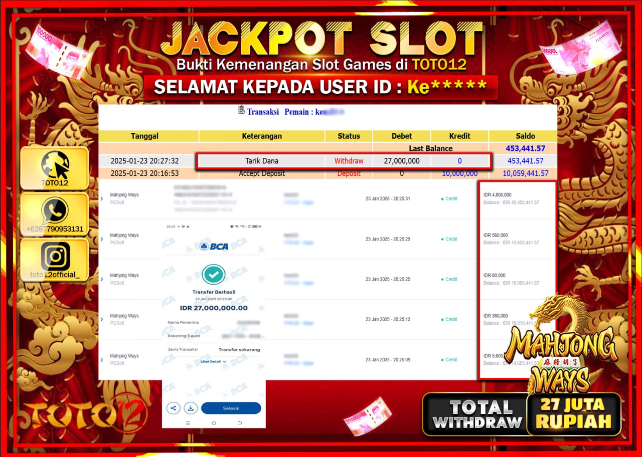 HANYA DI TOTO12 JP PASTI DI BAYAR LUNAS DAN CEPAT!!!!!! JACKPOT SLOT GAME (MAHJONG WAYS) Rp.27.000.000 !!!!