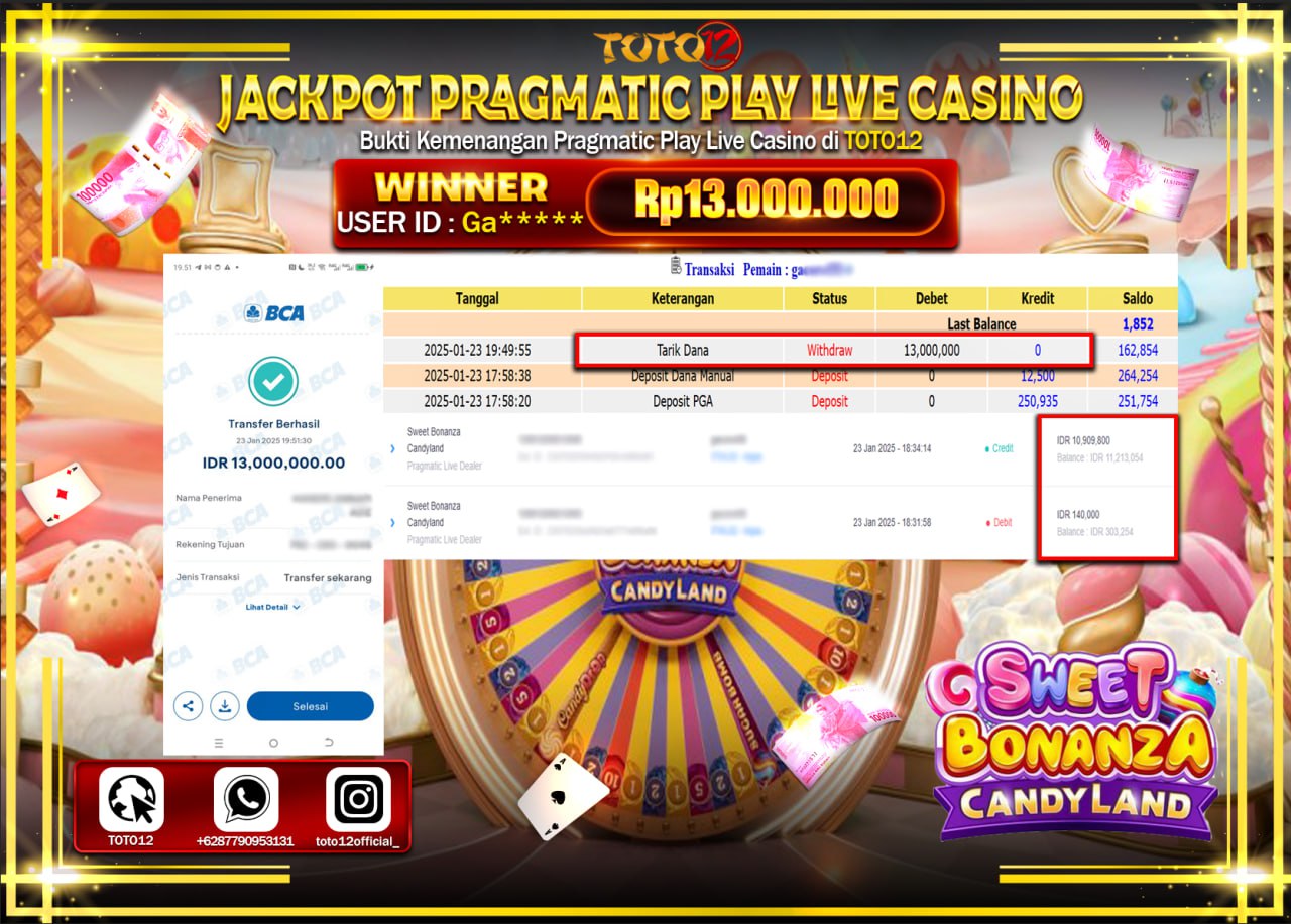 HANYA DI TOTO12 JP PASTI DI BAYAR LUNAS DAN CEPAT!!!!!! JACKPOT PRAGMATIC PLAY LIVE CASINO (SWEET BONANZA CANDY LAND) Rp.13.000.000 !!!!