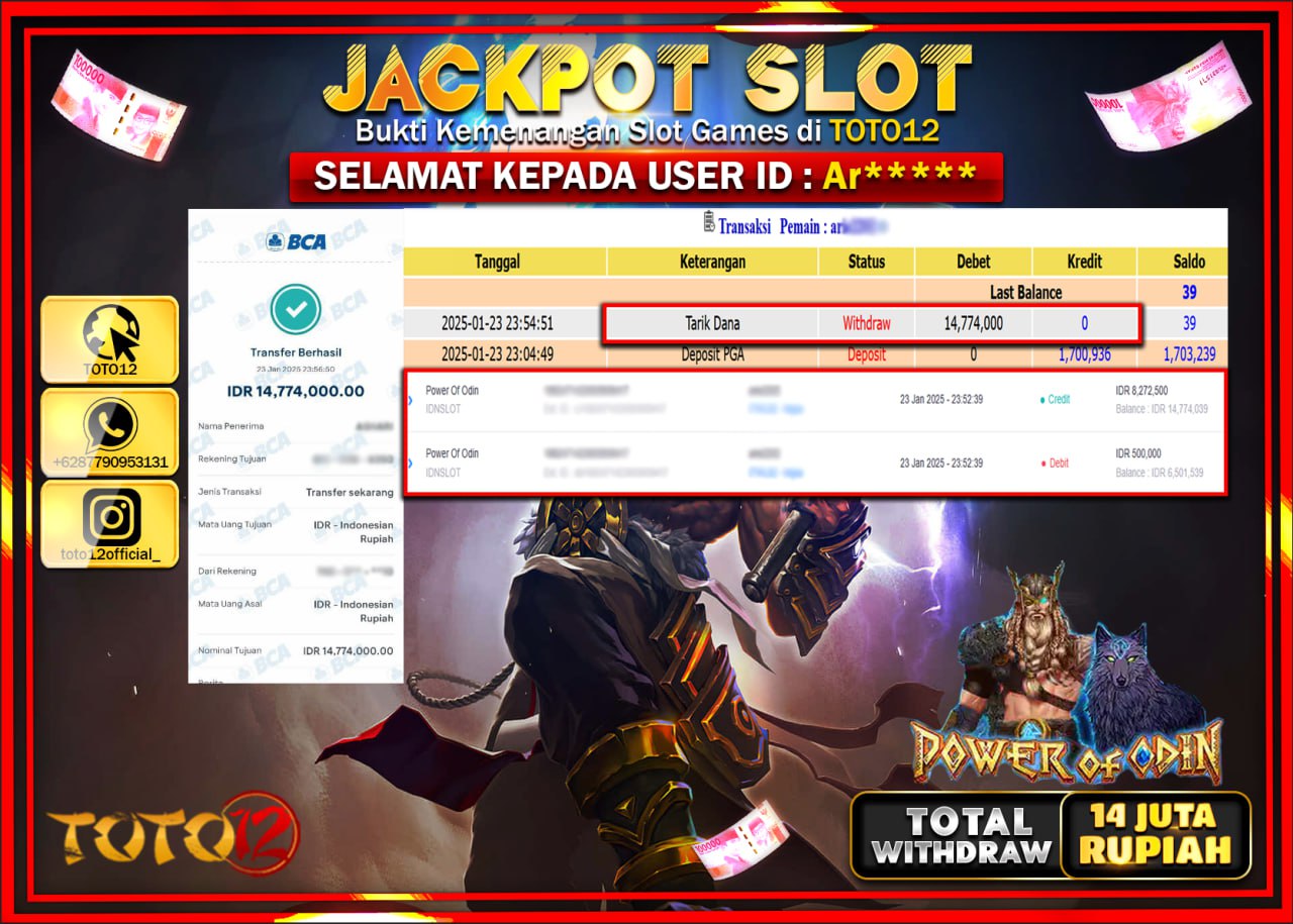 HANYA DI TOTO12 JP PASTI DI BAYAR LUNAS DAN CEPAT!!!!!! JACKPOT SLOT GAME (POWOR OF ODIN) Rp.14.000.000 !!!!
