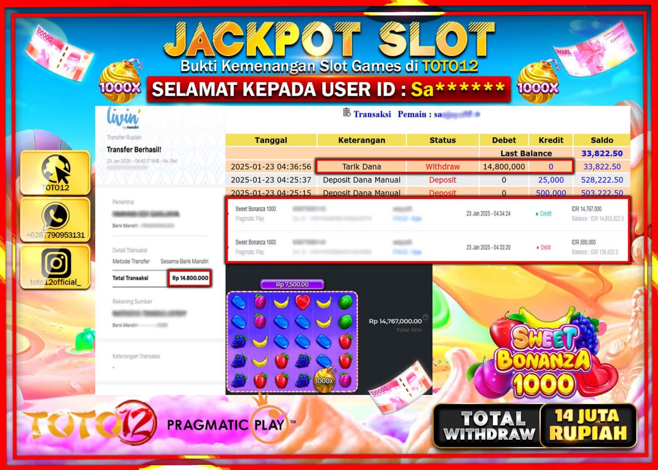 HANYA DI TOTO12 JP PASTI DI BAYAR LUNAS DAN CEPAT!!!!!! JACKPOT SLOT GAME (SWEET BONANZA 1000) Rp.14.000.000 !!!!