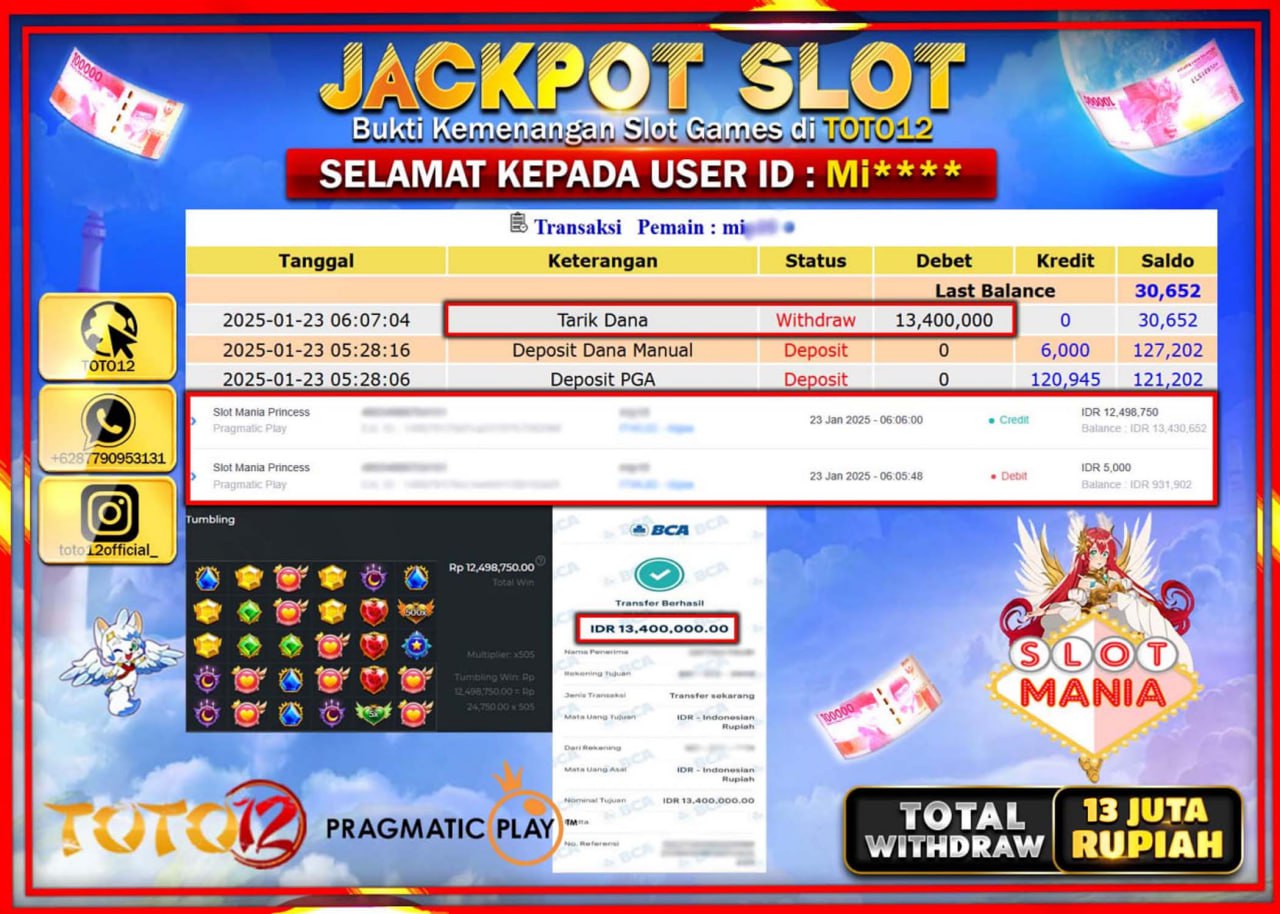 HANYA DI TOTO12 JP PASTI DI BAYAR LUNAS DAN CEPAT!!!!!! JACKPOT SLOT GAME (SLOT MANIA PRINCESS) Rp.13.000.000 !!!!
