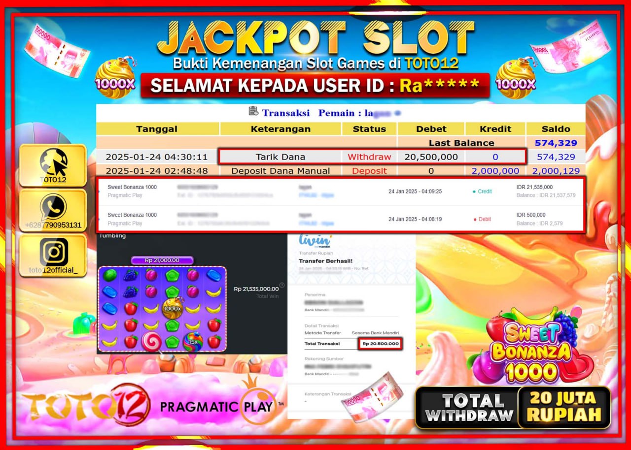 HANYA DI TOTO12 JP PASTI DI BAYAR LUNAS DAN CEPAT!!!!!! JACKPOT SLOT GAME (SWEET BONANZA 1000) Rp.20.000.000 !!!!