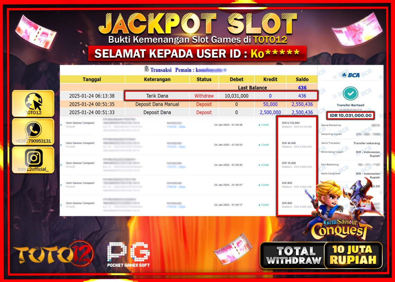 HANYA DI TOTO12 JP PASTI DI BAYAR LUNAS DAN CEPAT!!!!!! JACKPOT SLOT GAME (GEM SAVIOUR CONQUEST) Rp.10.000.000 !!!!