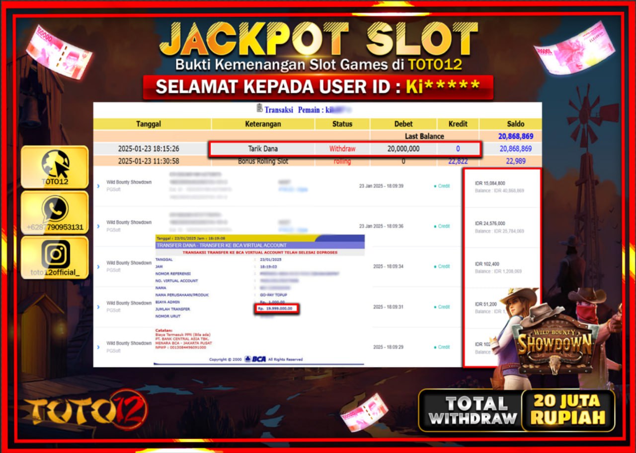 HANYA DI TOTO12 JP PASTI DI BAYAR LUNAS DAN CEPAT!!!!!! JACKPOT SLOT GAME (WILD BOUNTY SHOWDOWN) Rp.20.000.000 !!!!