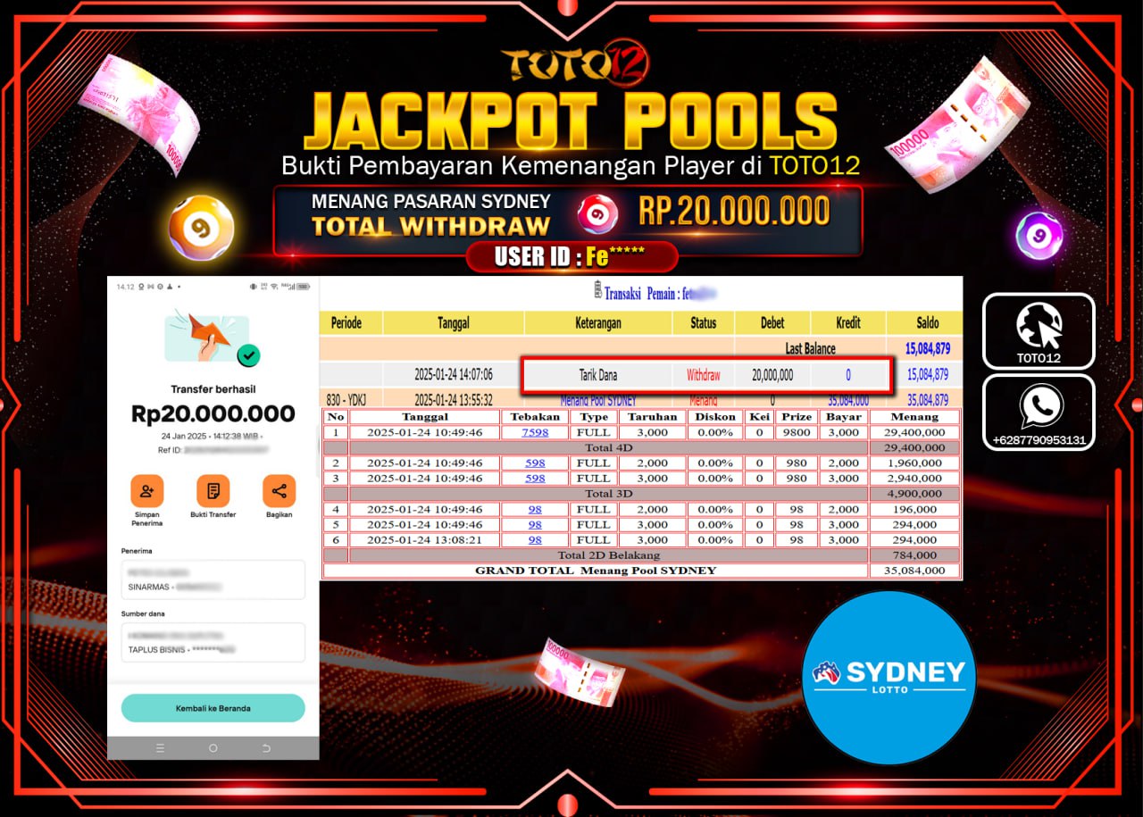 HANYA DI TOTO12 JP PASTI DI BAYAR LUNAS DAN CEPAT!!!!!! JACKPOT POOLS PASARAN (SYDNEY) Rp.20.000.000 !!!!