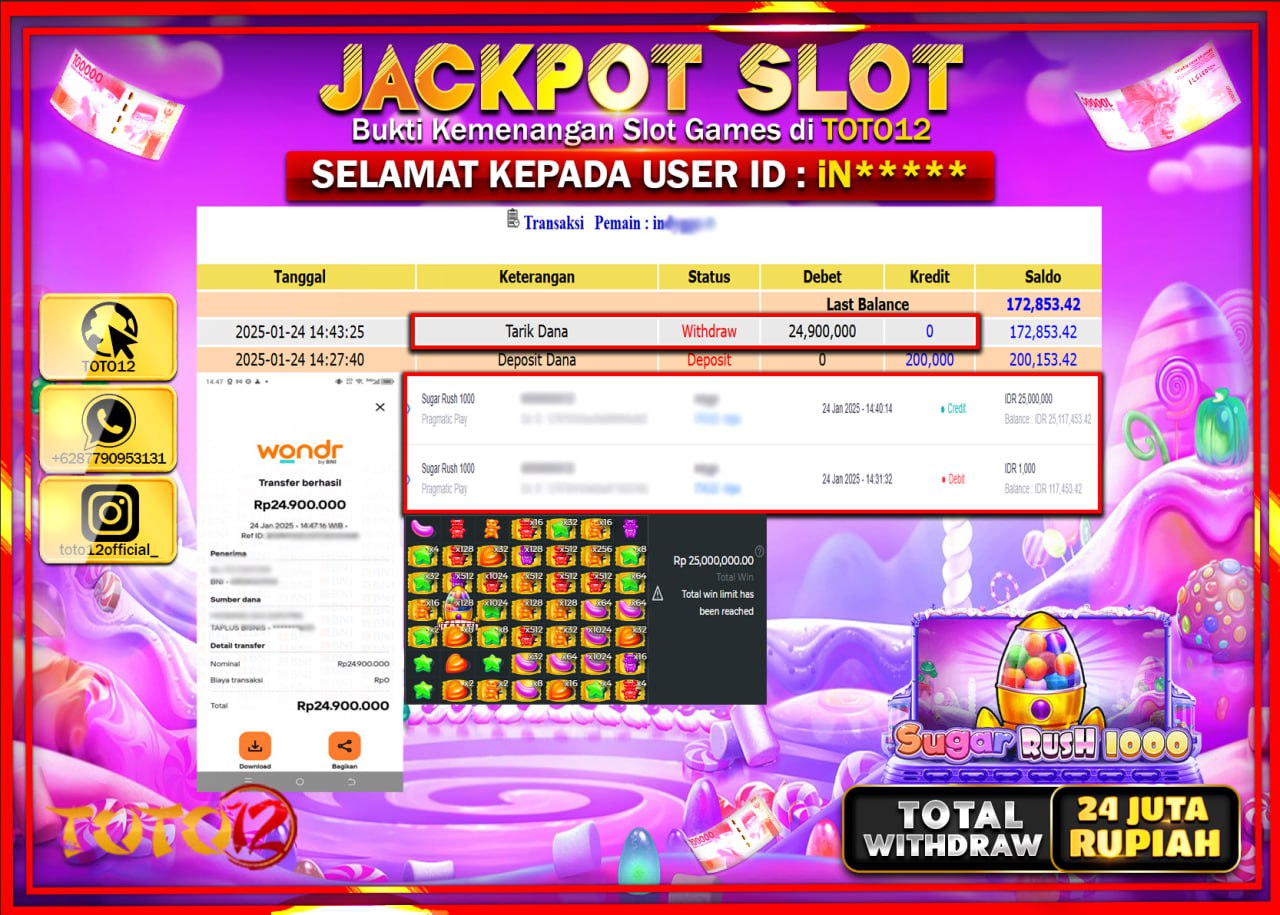 HANYA DI TOTO12 JP PASTI DI BAYAR LUNAS DAN CEPAT!!!!!! JACKPOT SLOT GAME (SUGAR RUSH 1000) Rp.24.000.000 !!!!