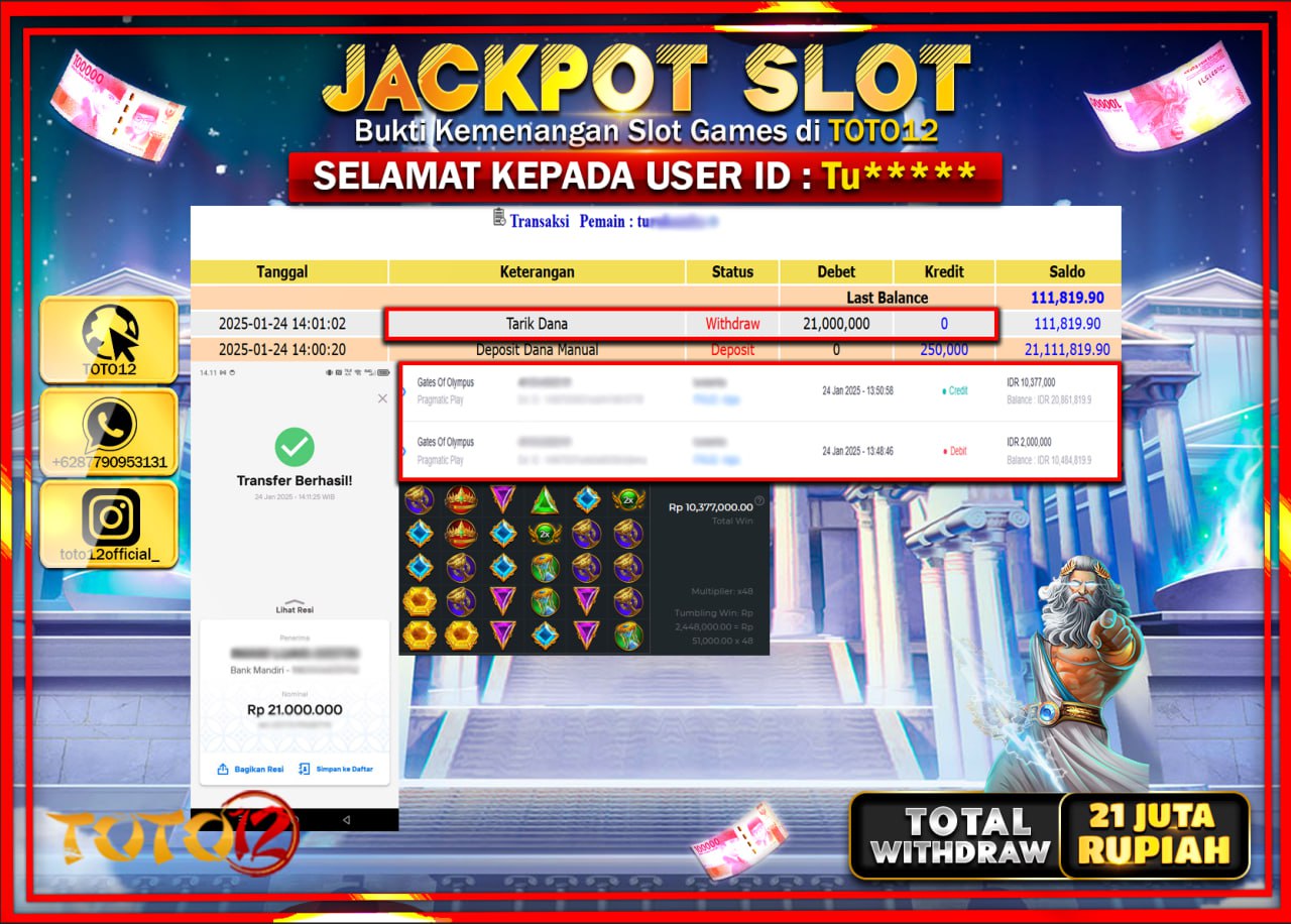 HANYA DI TOTO12 JP PASTI DI BAYAR LUNAS DAN CEPAT!!!!!! JACKPOT SLOT GAME (GATES OF OLYMPUS) Rp.21.000.000 !!!!