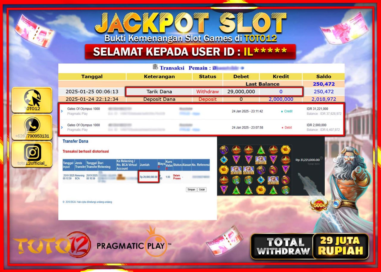 HANYA DI TOTO12 JP PASTI DI BAYAR LUNAS DAN CEPAT!!!!!! JACKPOT SLOT GAME (GATES OF OLYMPUS 1000) Rp.29.000.000 !!!!