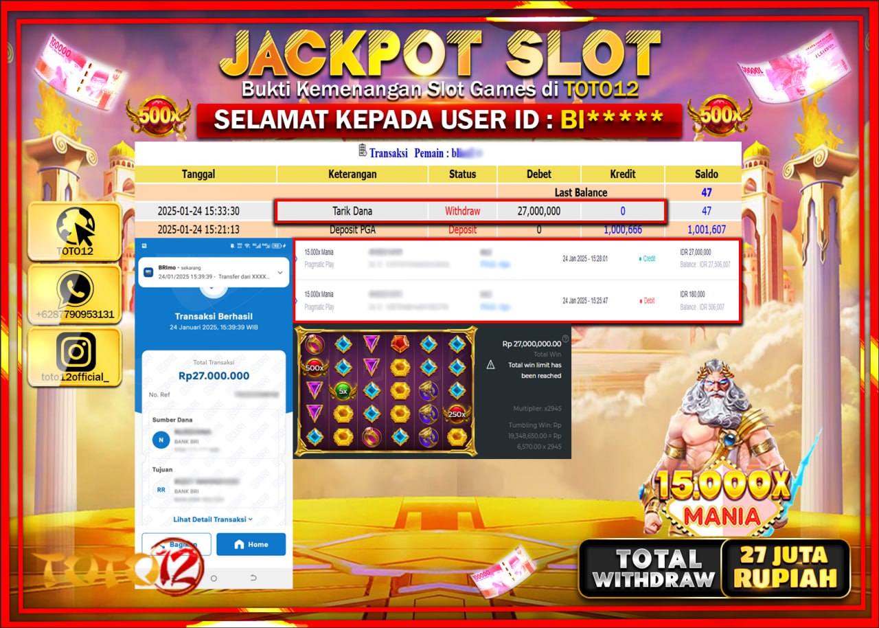 HANYA DI TOTO12 JP PASTI DI BAYAR LUNAS DAN CEPAT!!!!!! JACKPOT SLOT GAME (15.000X MANIA) Rp.27.000.000 !!!!