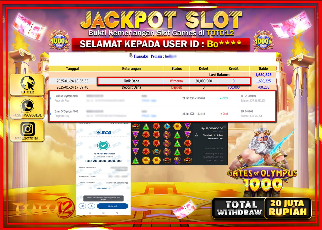 HANYA DI TOTO12 JP PASTI DI BAYAR LUNAS DAN CEPAT!!!!!! JACKPOT SLOT GAME (GATES OF OLYMPUS 1000) Rp.20.000.000 !!!!