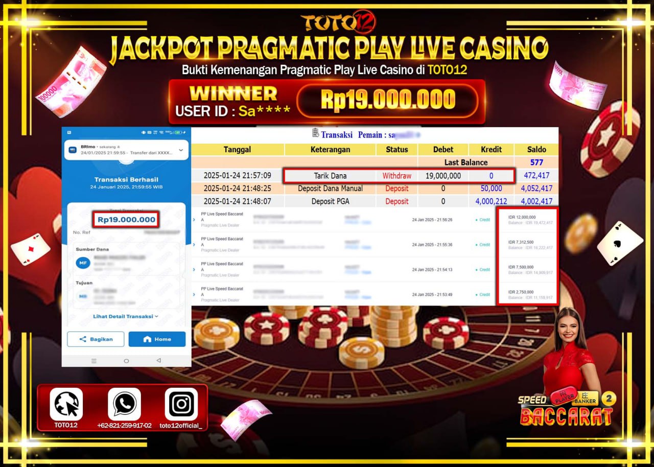 HANYA DI TOTO12 JP PASTI DI BAYAR LUNAS DAN CEPAT!!!!!! JACKPOT PRAGMATIC PLAY LIVE CASINO (SPEED BACCARAT) Rp.19.000.000 !!!!
