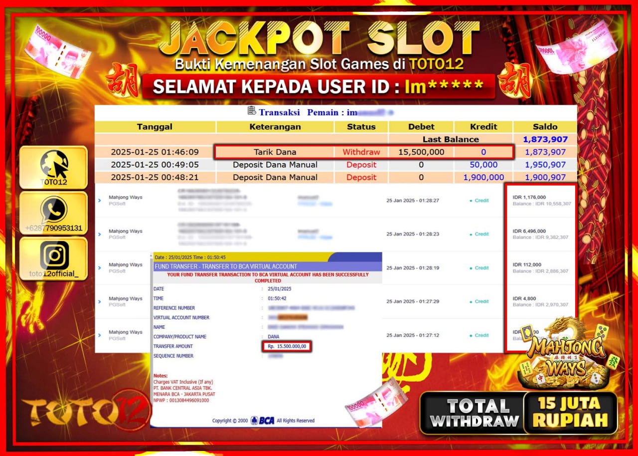 HANYA DI TOTO12 JP PASTI DI BAYAR LUNAS DAN CEPAT!!!!!! JACKPOT SLOT GAME (MAHJONG WAYS) Rp.15.000.000 !!!!