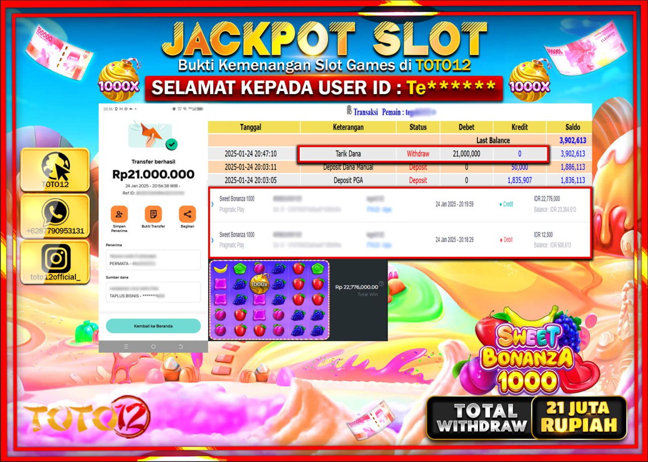 HANYA DI TOTO12 JP PASTI DI BAYAR LUNAS DAN CEPAT!!!!!! JACKPOT SLOT GAME (SWEET BONANZA 1000) Rp.21.000.000 !!!!