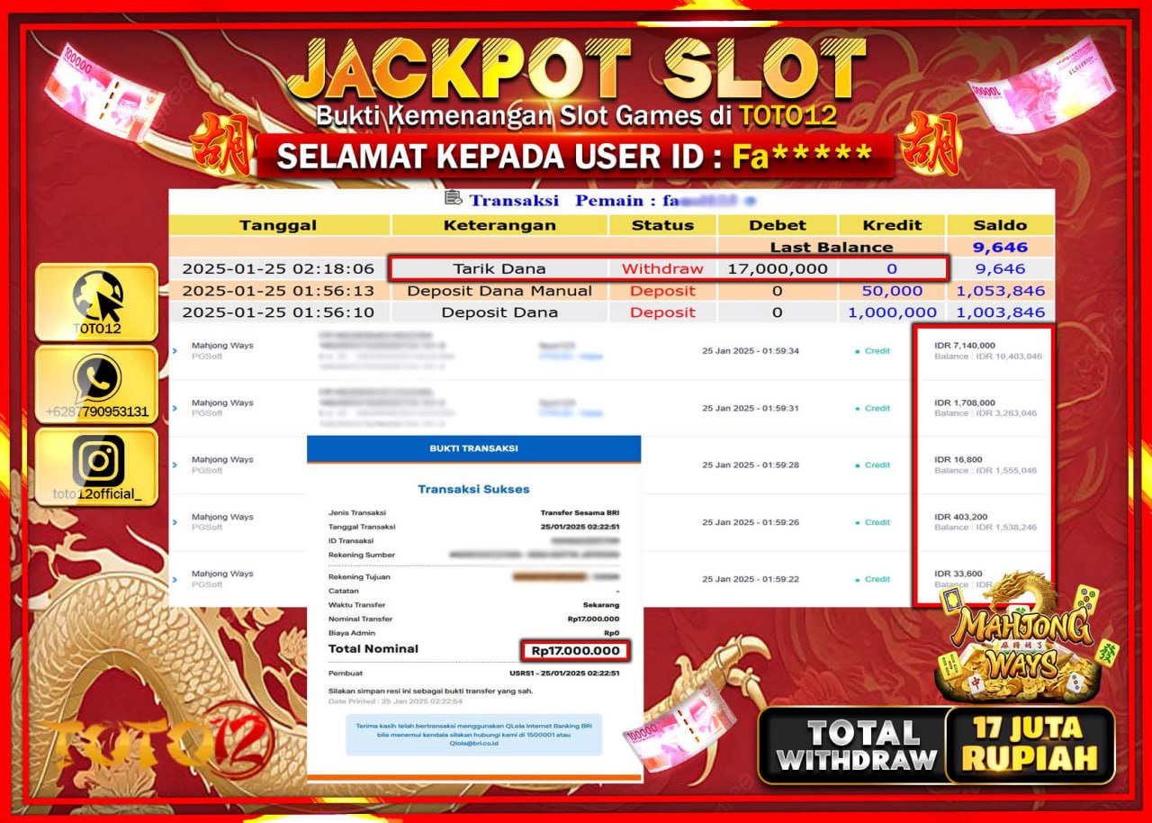 HANYA DI TOTO12 JP PASTI DI BAYAR LUNAS DAN CEPAT!!!!!! JACKPOT SLOT GAME (MAHJONG WAYS) Rp.17.000.000 !!!!